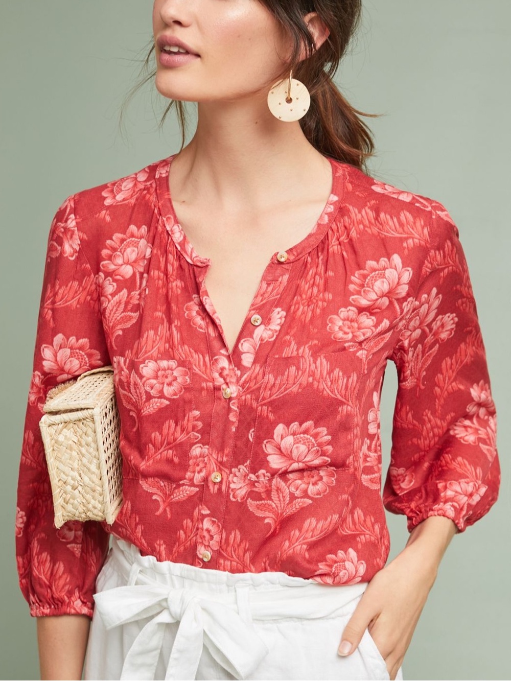 Anthropologie Akemi + Kin Coconino Red Floral Peasant Top Boho Size XS